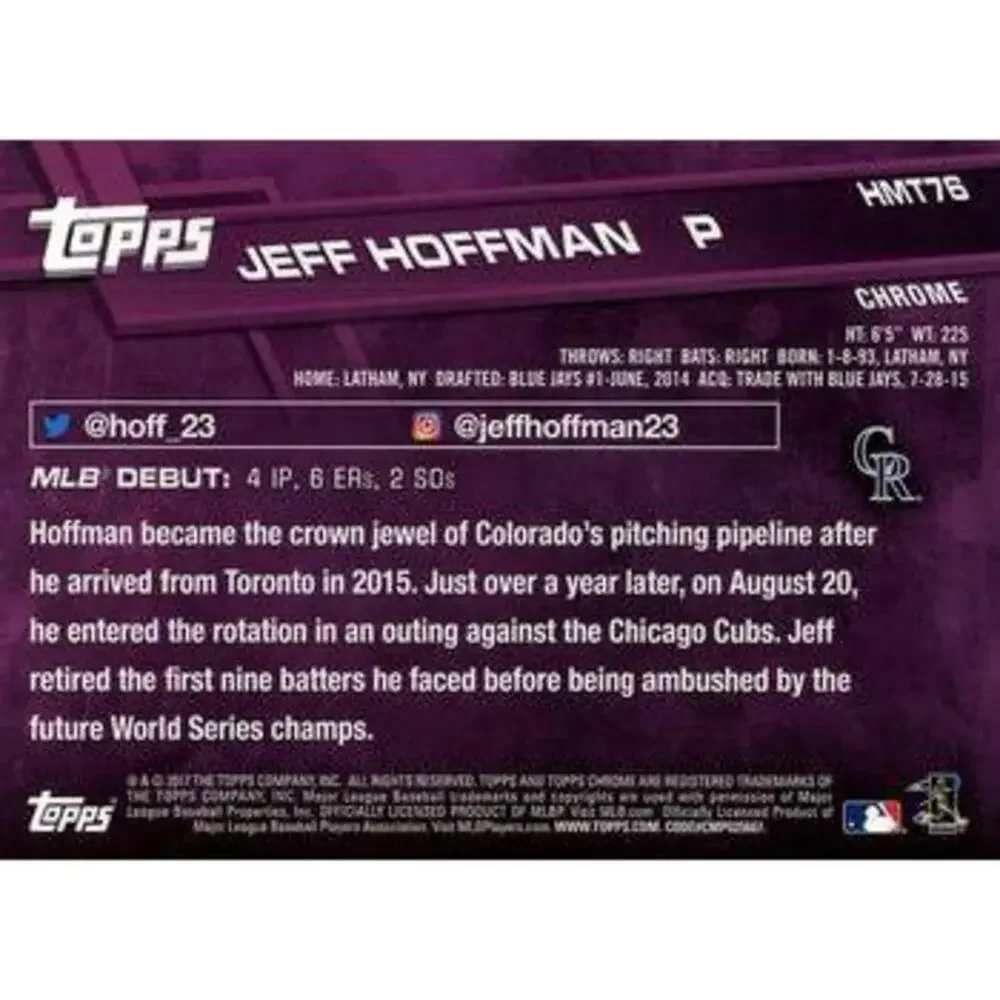2017 Topps Chrome Update Jeff HoffmanÂ RD HMT76 Colorado Rockies